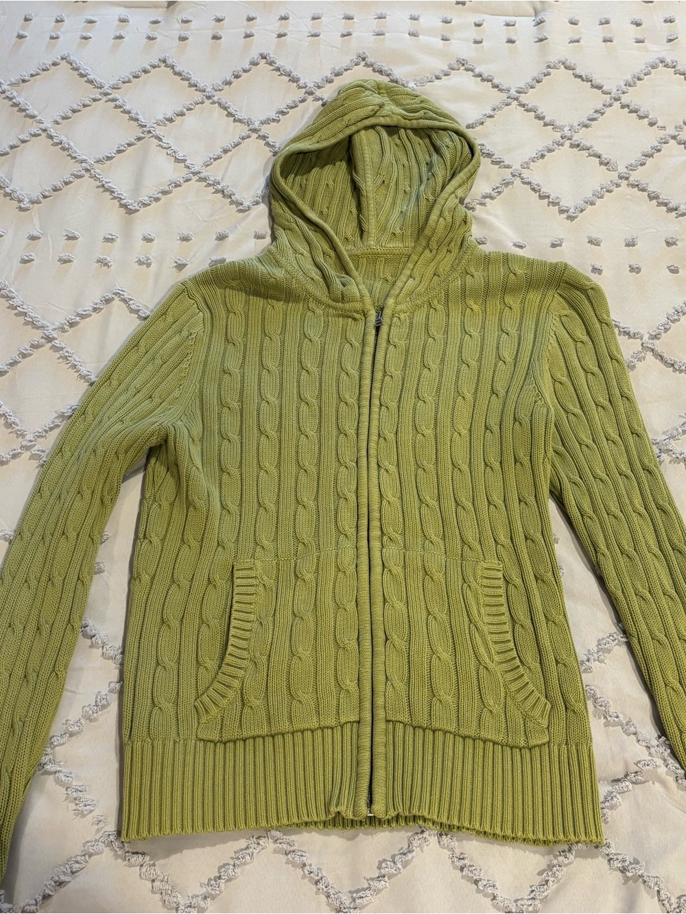 Thrifted Light Green Cable Knit Zip-Up Hoodie